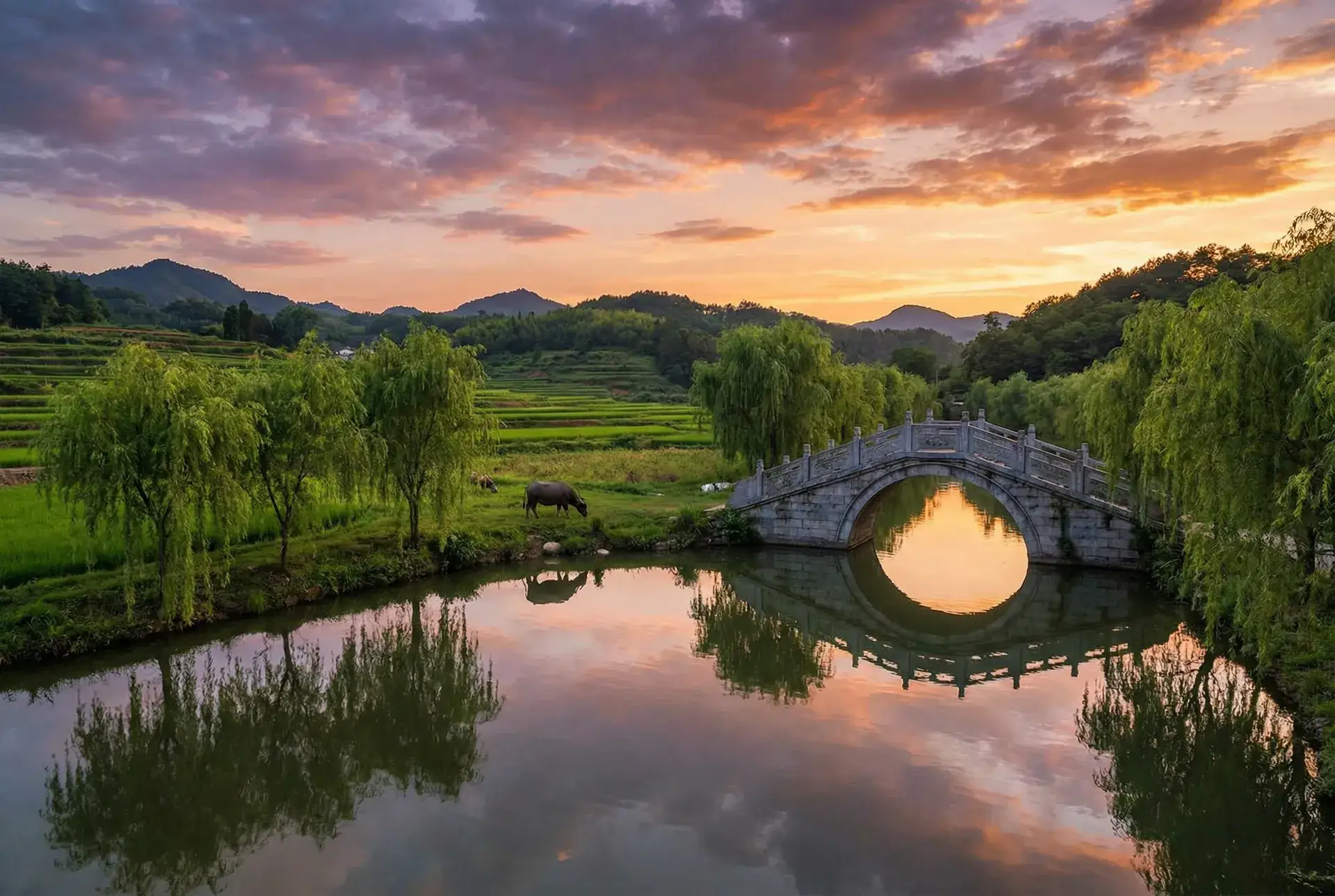 夕阳下的石拱桥与垂柳，水牛在河边吃草 - 钻石豪门 电视剧 乡村美景